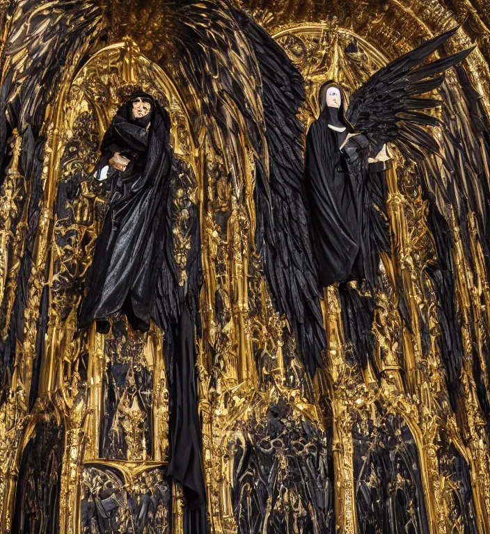 Prompt: full length picture of the angel of death wearing black robe with gold wings in an elaborate cathedral, octane, 8k, ultra detailed, photorealistic + sigma 105mm f2.8 macro