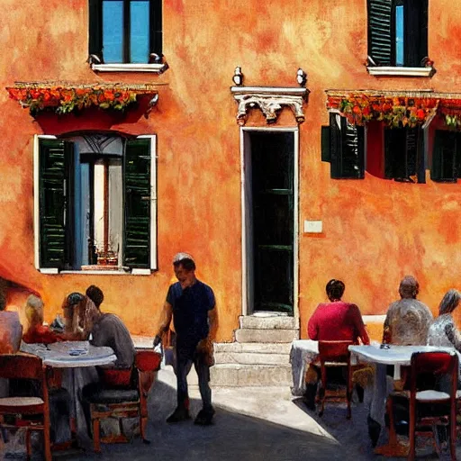 Image similar to italian restaurant in venice, sunny, shadows, marc dalessio