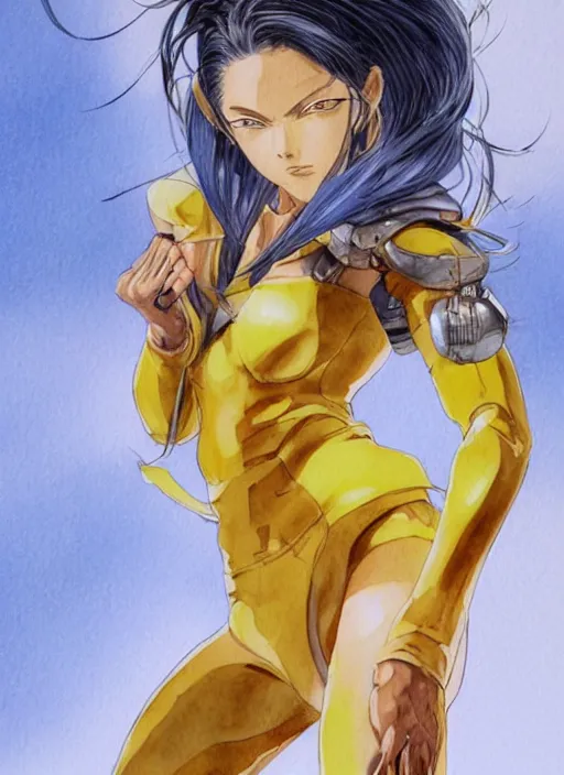 Image similar to Frontal portrait of a very beautiful muscular anime girl with tanned skin and cream colored hair wearing a yellow raincoat, watercolor, digital painting, art by Shirow Masamune Kenichi Sonoda Moebius and Katsuhiro Otomo, very detailed, sharp focus, cyberpunk, high quality, color manga panel, hard shadows