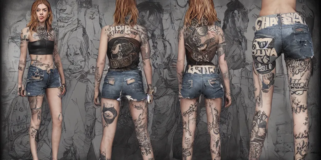 Prompt: anne winters fully tattooed, wearing scratched and ripped short leather jeans, wearing an aviator outfit with a smiley stamp on its back, character sheet, fine details, props, concept design, contrast, kim jung gi, greg rutkowski, trending on artstation, 8 k, full body, turnaround, front, back, ultra wide angle