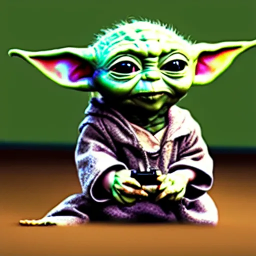 Prompt: hyper realistic Baby Yoda playing on Playstation,