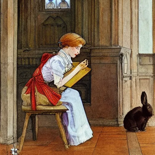 Image similar to a young edwardian woman playing chess with a rabbit inside a church, in the style of carl larsson