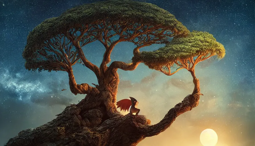 Prompt: very very small owl, sitting on a gigantic dragon tree in moonlit socotra island by ilya kuvshinov, starry night, rtx rendering, octane render 1 2 8 k, maya, extreme high intricate details by tom bagshaw, medium shot, close up shot, composition by sana takeda, lighting by greg rutkowski