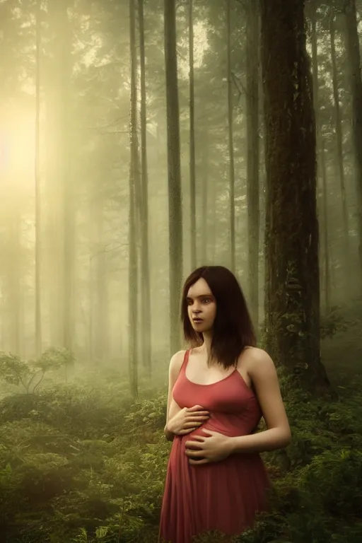 Image similar to a cinematic shot of a young woman with dark hair holds a baby in a dark, foggy forest, octane render, nvidia raytracing demo, masterpiece