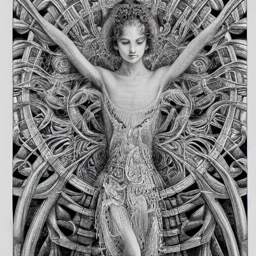 Image similar to hyper detailed bw linear pencil drawing, woman ballet dancer, organic symmetric shapes by ernst haeckel