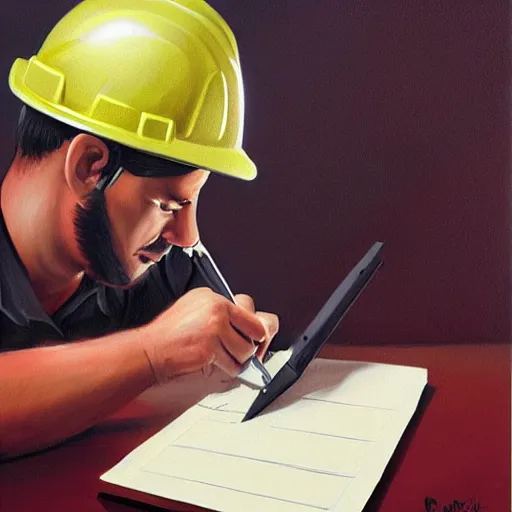 Prompt: a worker wearing a hardhat writing in a notepad with a calculator, by rhads, 3 d