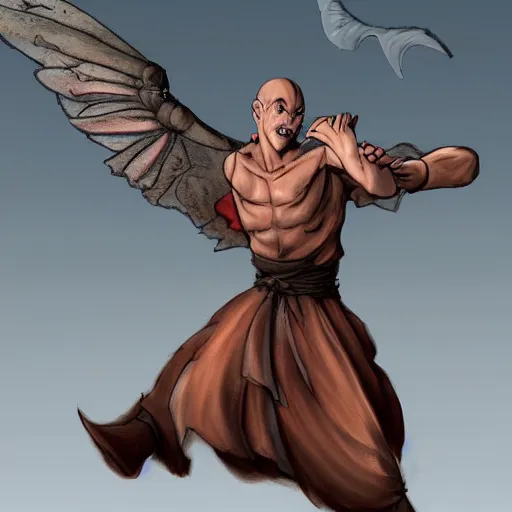 Image similar to winged daemon monk, disney's gargoyles, chaos magic, unarmed combat, fierce opponent, adventure, art station, anime energy, fantasy concept