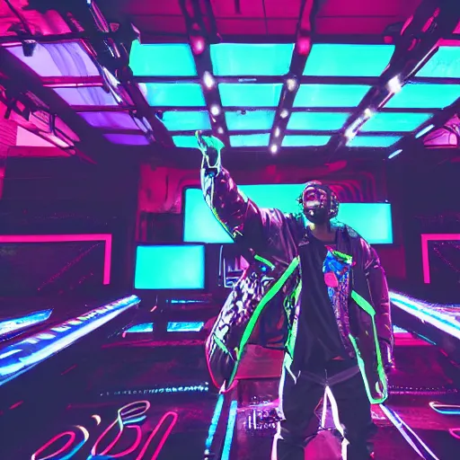 Image similar to a rapper performing on stage for millions of people while wearing cyberpunk clothes, digital art, synthwave