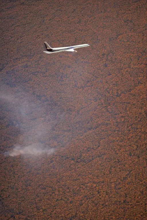 Prompt: Travel Ad, close-up on a plane flying above a drying landscape, forest fire