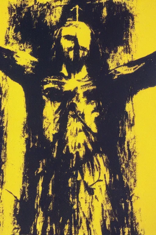 Image similar to bloody jesus christ crucified, yellow sky painted by andy warhol and cy twombly