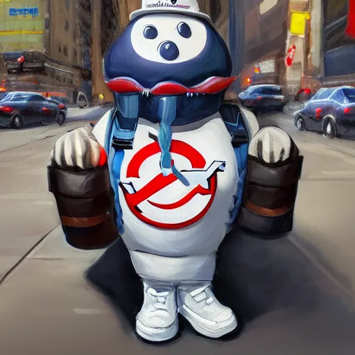 Prompt: a giant ghostbusters stay puff marshmallow man wearing timberland shoes and a yankee hat smoking a joint walking in new york city, highly detailed portrait, digital painting, artstation, artstation hq