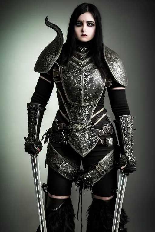 Image similar to very beautiful female orc top model, dark green hair and skin, wearing valentin yudashkin gothic victorian armor with blades and swords, luxury materials, symmetrical, cinematic, elegant, professional studio light, real dlsr photography, sharp focus, 4 k, ultra hd, sense of awe, high fashion