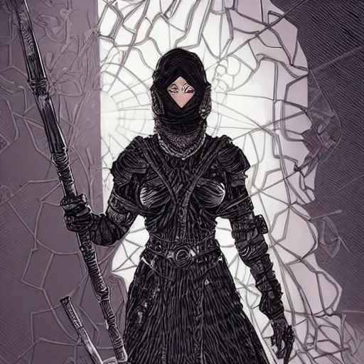 Image similar to a warrior woman in a dark robes covered by modern body armor, her face is covered by a chain - mail veil, she is holding a long staff, intricate, elegant, highly detailed, smooth, sharp focus, high contrast, graphic novel, art by michael choi and laurie greasley,