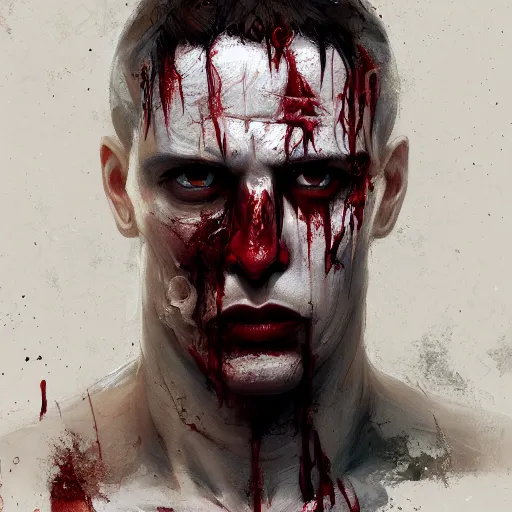 Image similar to close-up, symmetrical, portrait of man, bloody, bruised, scarred, marvel art, art by greg rutkowski, matte painting, trending on artstation