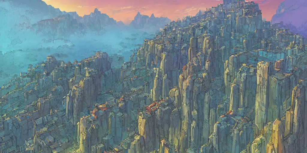 Image similar to an african city in a valley bordered by a fortress on the mountain side with three towers, multicolored spirits flying in the skies, comics art, cinematic volume lighting, 4k, illustration, epic scene, trending on artstation, art by ghibli moebius