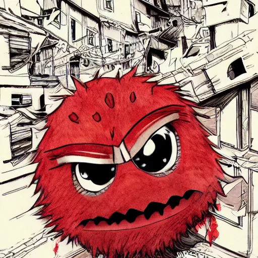 Prompt: elmo, attack on titan, digital art, anime, by Hajime Isayama, high quality