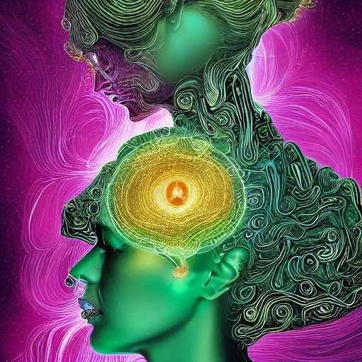 Prompt: a majestic portrait of a woman with her brain connected to the cloud using energy beams, digital painting, high detail, 8 k, intricate ornamental details, vibrant iridescent colors, green magenta and gold