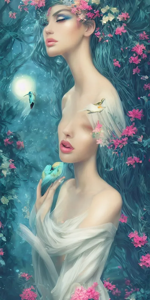 Prompt: beautiful, young woman, extremely detailed gorgeous face, sad eyes, long luxurious gown, tall thin, sexy body, fantasy background, tears, vaporwave aesthetic, synthwave, photo-realistic face, digital, flowers, butterflies, birds, painting, artstation, concept art, smooth, sharp focus, illustration, art by artgerm and greg rutkowski and alphonse mucha