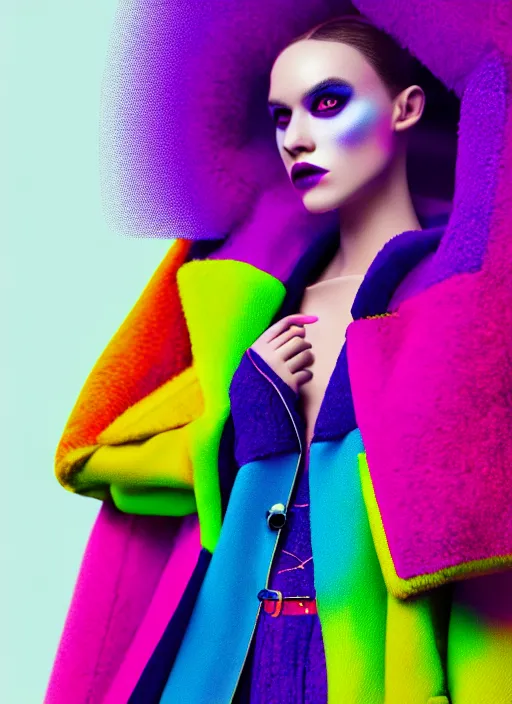 Prompt: coat for a rave, bright colors, many details, prints, photo for a magazine, photo for a store, fashion photography, Vogue, 135 mm, cinematic, hyper realism, high detail, octane render, 8k, chrome accents, perfect face