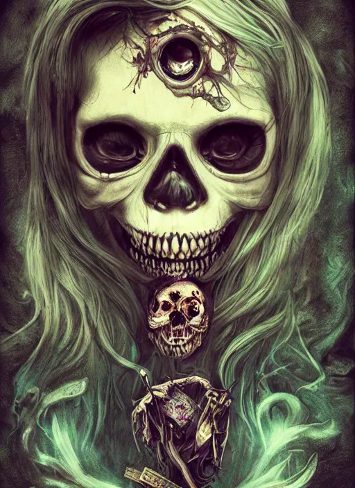 Image similar to alice in wonderland death tarot card, highly detailed, half skull face, cinematic, 8 k, bymegan duncanson, benjamin lacombe, naoto hattori, giger, trending on deviantart, hyper detailed, horror, full of colour