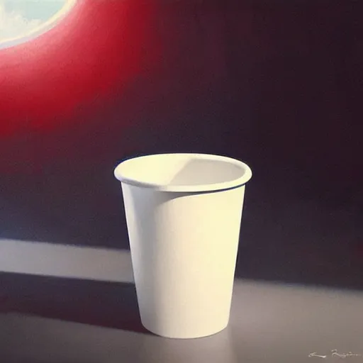 Prompt: white red white paper cup!!!, hyperrealistic, highly detailed, cinematic, volumetric sunlight, beautiful, cgssociety, artstation, 8 k, oil painting by greg rutkowski, by artgerm, by wlop