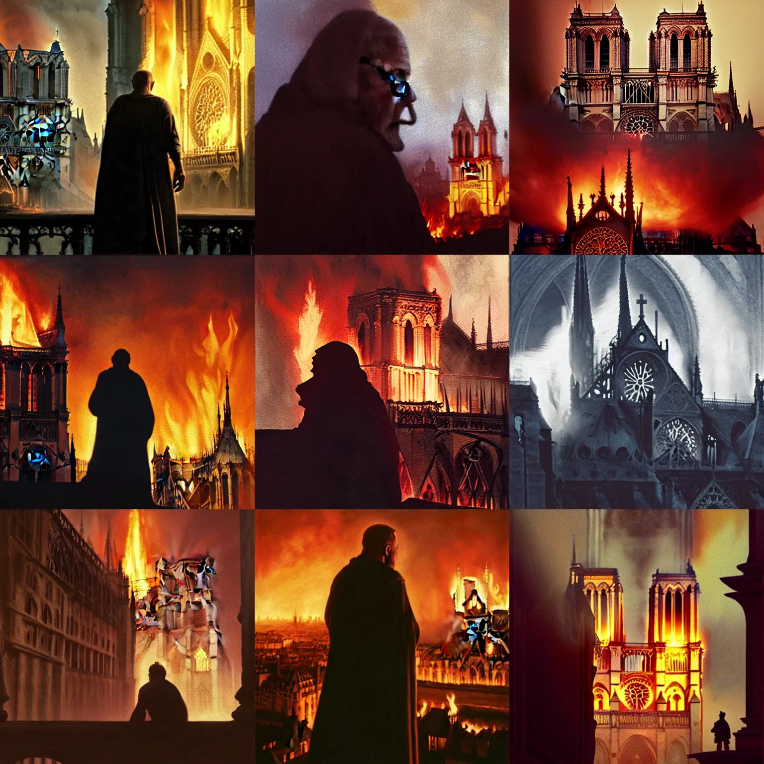 Prompt: anthony hopkins as the hunchback watching over the burning notre dame de paris from his tower in the night, cinestill, movie classic, painting by greg rutkowski and james jean, photorealistic, very detailed and moody, flames, volumetric lighting, 3 d point perspective