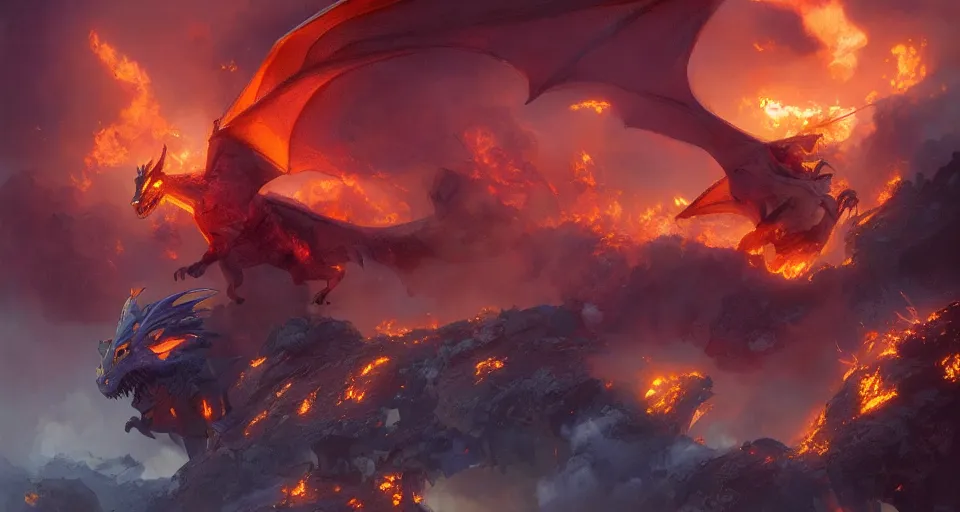 Prompt: book illustration of flying charizard dragon above the village. Burning houses dragon fire breath. Atmospheric beautiful by Eddie mendoza and Craig Mullins. volumetric lights