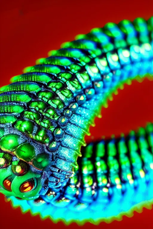 Prompt: high quality macro photo iridescent cyborg full caterpillar! cute highly detailed david ligare elson peter cinematic teal lighting high quality low angle hd 8k sharp shallow depth of field