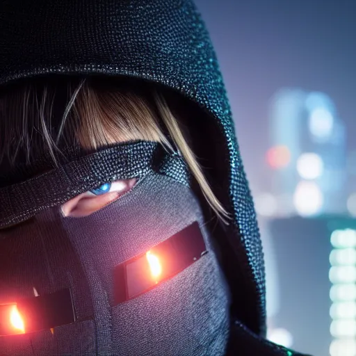 Image similar to photographic portrait of a techwear woman, closeup, on the rooftop of a futuristic city at night, sigma 85mm f/1.4, 4k, depth of field, high resolution, 4k, 8k, hd, full color