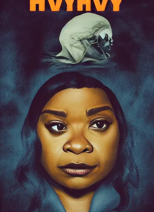 Image similar to psychological thriller I Only Have Eyes For You movie poster artwork the by Michael Whelan and James Jean, of Octavia Spencer has mysterious man's voice in her head telling her what to do, psychological thriller romance from scene from Twin Peaks, clean, beautifully rendered shaded but simple illustration, nostalgic, domestic, full of details