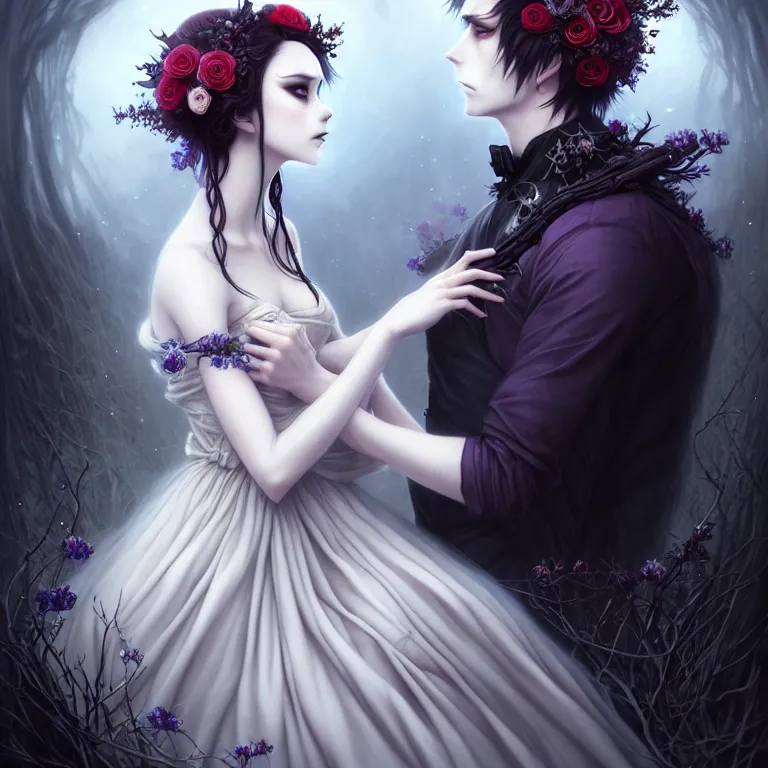 Prompt: stunning anime bride and groom hybrid of the floral river flowers, beautiful gothic dress in a dark romance, misty, by cgsociety, in the style of charlie bowater, tom bagshaw, intricate, beautiful, artstation 8 k, high resolutionsparkling atom fractals of jewls cords, by alex grey and hr giger