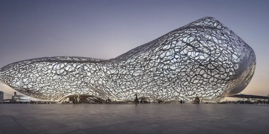 Image similar to extremely detailed ornate stunning sophisticated beautiful elegant futuristic museum exterior by Zaha Hadid, stunning volumetric light, sunset, concrete ant translucent material, stunning skies, 8k dragonfly structural pattern