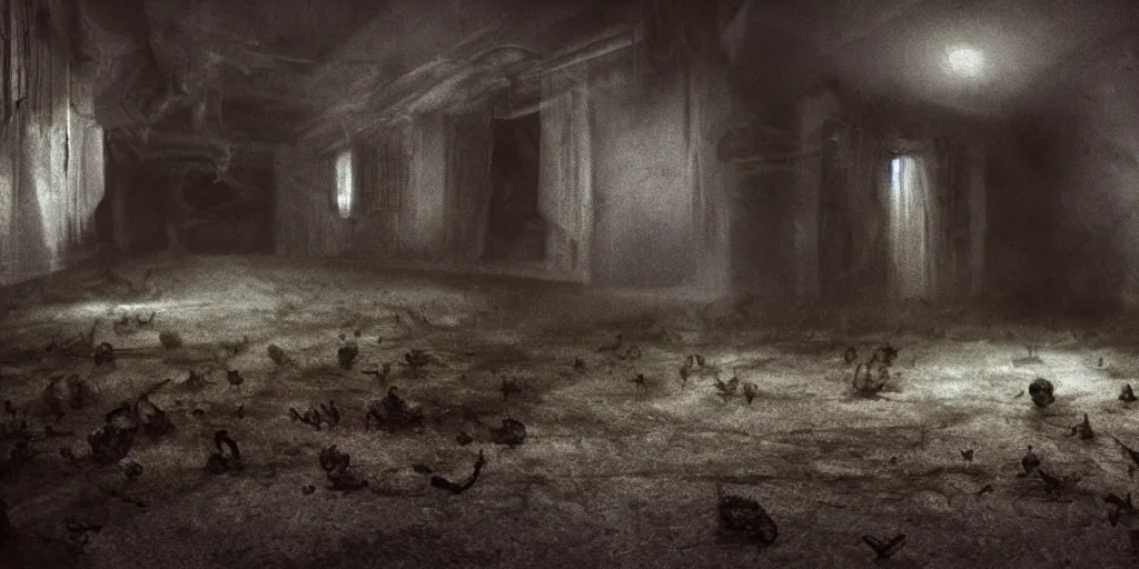 Image similar to small white hairy creatures under the floor boards, critters, scary, creepy, unsettling, dark, night time, cinematic lighting, volumetric fog