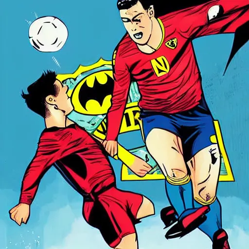 Prompt: comic book artwork of Cristiano Ronaldo as batman and Messi as Robin