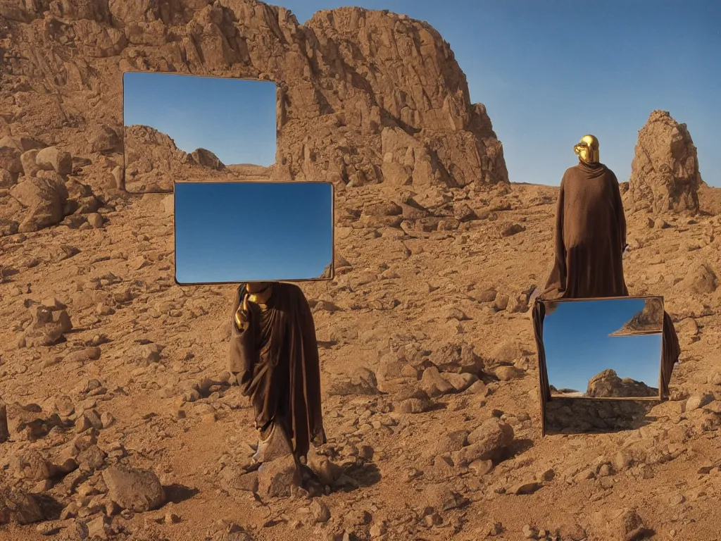 Image similar to levitating bene gesserit with full - face golden mask in a dry rocky desert landscape, visible sky and sunny atmosphere, fata morgana and giant square mirrors by alejandro jodorowsky, anamorphic lens, kodakchrome, practical effects, masterpiece, 8 k