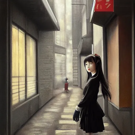 Image similar to a perfect, realistic professional oil painting of a Japanese schoolgirl posing in a dystopian alleyway, style of Marvel, full length, by a professional American senior artist on ArtStation, a high-quality hollywood-style concept