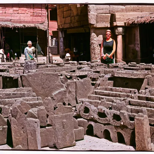 Prompt: photograph of the well preserved ruins of a medieval abyssinian city market made out of ornate carved granite blocks. 3 5 mm color film photograph