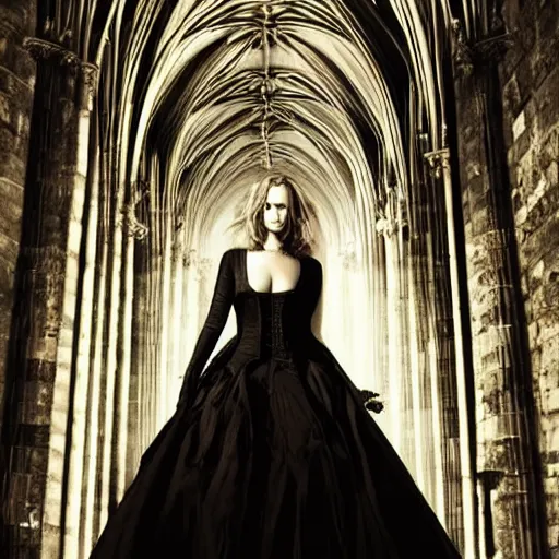 Image similar to jennifer lawrence as a vampire in a gloomy gothic cathedral at night