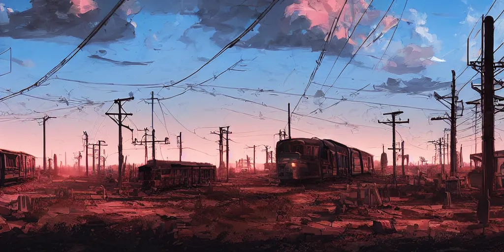 Image similar to train station roadside old west saloon cyber punk post apocalyptic neon telephone poles billboards cactus graveyard sunset sky clouds illustration by syd mead artstation 4 k 8 k graphic novel concept art matte painting unreal engine ue 5