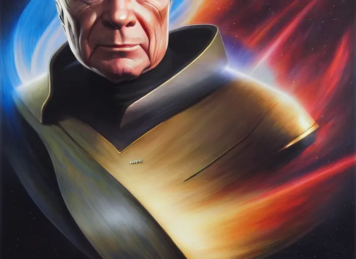 Image similar to portrait shot of a evil captain kirk in star trek, realistic, professionally, professionally color graded, intricate, elegant, highly detailed, centered, digital painting, artstation, concept art, smooth, sharp focus, illustration, artgerm, tomasz alen kopera, peter mohrbacher, donato giancola, joseph christian leyendecker, wlop, boris vallejo