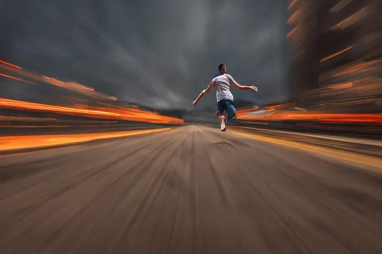 Image similar to man running at the speed of the light, hd, photo, award winning