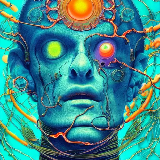 Prompt: highly detailed, intricate stunningly beautiful image of psychedelic biomech frankenstein with wires coming out, clear, 8 k symmetrical portrait, huge psychedelic sun stunning atmosphere, synthwave, muted aqua and orange color palette with iridescent highlights by andrei riabovitchev, shaun tan, peter mohrbacher and takayuki takeya