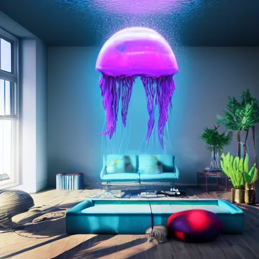 Prompt: the realistic photo of the modern room as aquarium with a big jellyfish and corals, realistic colors, realistic shadows, daylight made in blender, hd, 3 d by beeple and damian hirst