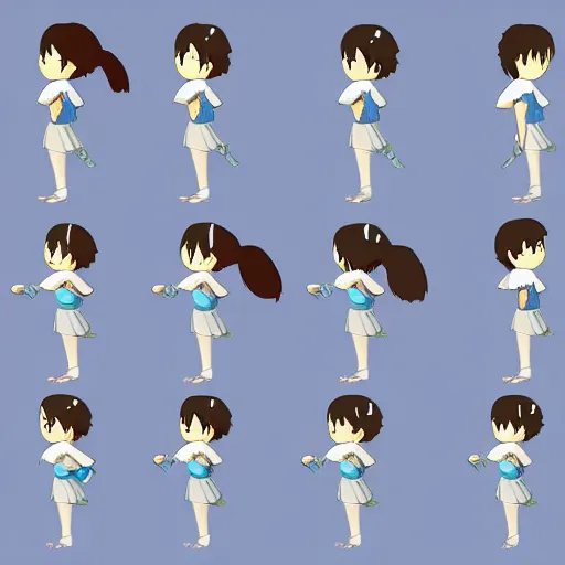 Prompt: walk animation sprite sheet of a girl, by miyazaki, detailed, concept art, 4 k,