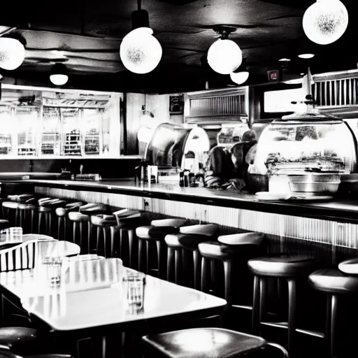 Image similar to inside of a diner with jellyfish waiters, cozy lighting, late night, photo