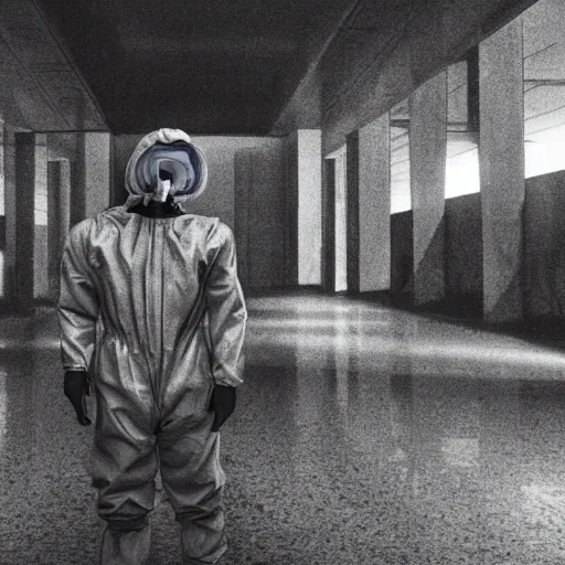 Image similar to news reporter in a hazmat suit 1 9 9 0 s news found footage of an abandoned soviet downtown with a humanoid scp hidden in background, liminal space, backrooms, scp, film grain, rundown, eerie, dark lighting, 3 5 mm, realistic, photograph, hazmat suits, foggy, silent hill style, detailed, hyperrealistic