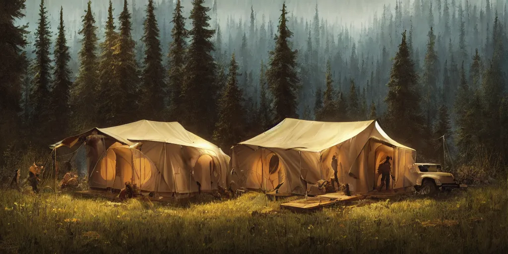 Image similar to cabela's tent fabric shelled pop up family dwelling unit, cabin, modular, person in foreground, mountainous forested wilderness open fields, beautiful views, painterly concept art, joanna gaines, environmental concept art, farmhouse, magnolia, concept art illustration by ross tran, james gurney, by craig mullins, by greg rutkowski