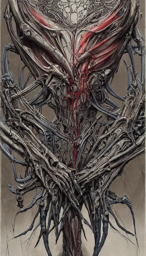 Prompt: Elden Ring and Guyver themed painting of symmetrical torso alien dissection anatomy with crossed hands concept, intricate artwork by H.R. Giger, Johnatan Wayshak, Zdizslaw Beksinski, Ayami Kojima, Amano, Karol Bak, Moebius, and Mark Brooks, Neo-Gothic, gothic, rich deep colors, art by Takato Yamamoto, masterpiece, face by Artgerm, very coherent artwork, cinematic, hyper realism, high detail, octane render, unreal engine, 8k, High contrast, golden ratio, trending on cgsociety