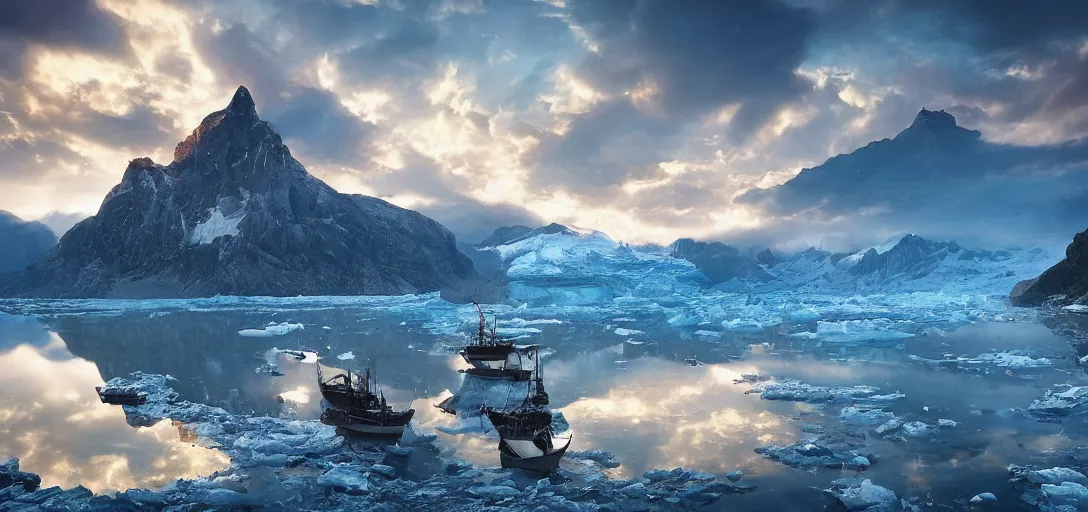 Prompt: a large pirate ship sailing on a glacial lake, landscape photography by marc adamus, dramatic lighting, thunder, dramatic,