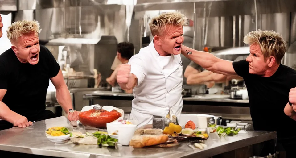 Image similar to photo of angry furious Gordon Ramsay punching Gordon Ramsay at the kitchen